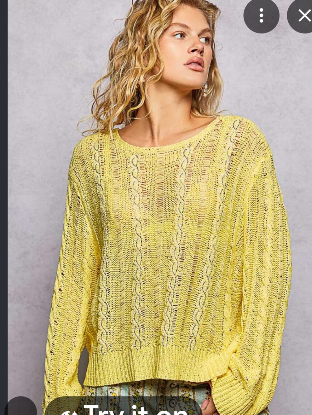 POL Embellished Open-Stitch Cable Crew Sweater in Yellow